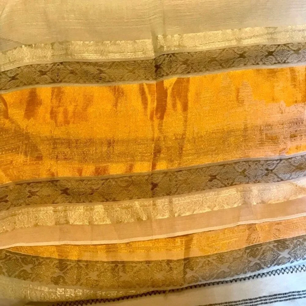100% Silk Women's Indian Earth Neutral Colorblock Sparkle Gold Lightweight Scarf - Picture 2 of 6